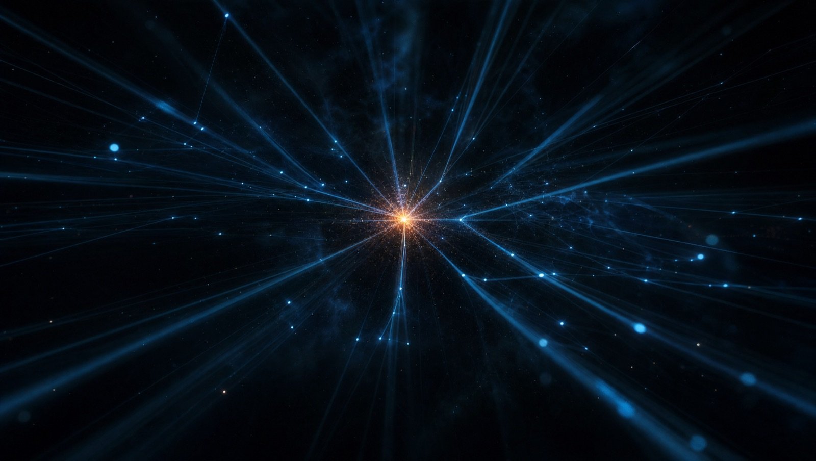 Abstract render of many thin blue search beams converging out of darkness onto a single small glowing orange point of light, representing a business becoming visible and found
